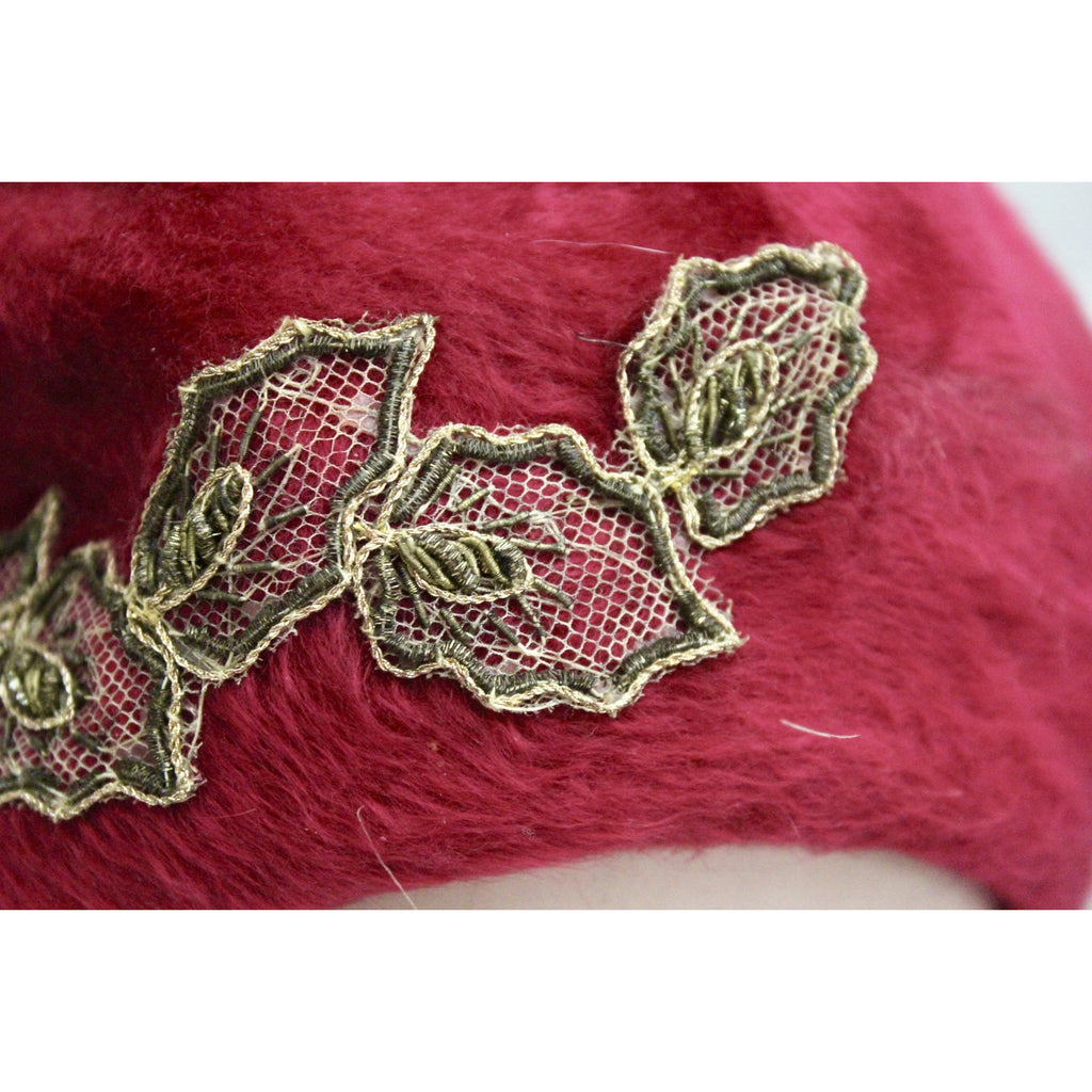 Vintage Oleg Cassini Tuban 1950s Pillbox Dark Pink Fur Felt 23" Embellished Church The Best Vintage Clothing