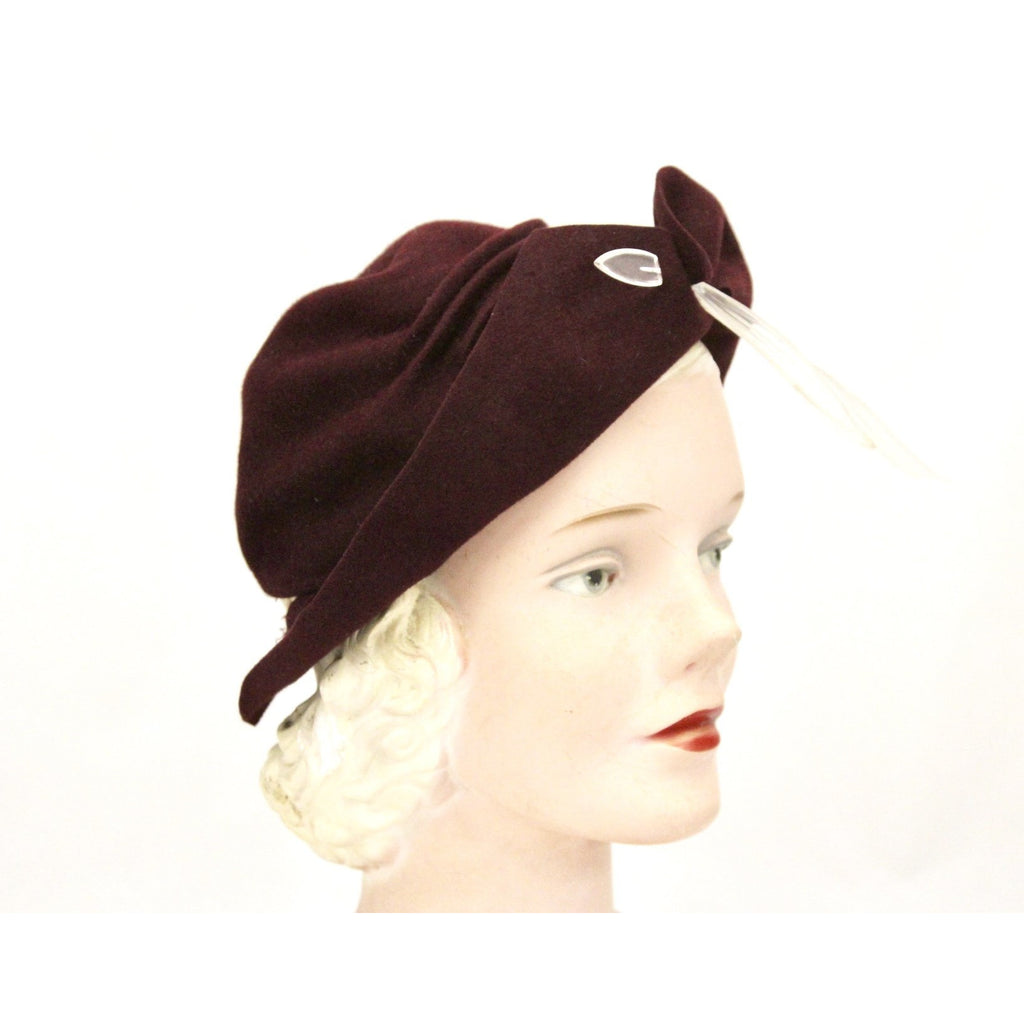 Vintage 1930s Semi-Cloche Hat Maroon Red Huge Clear Lucite Hatpin O/S The Best Vintage Clothing
