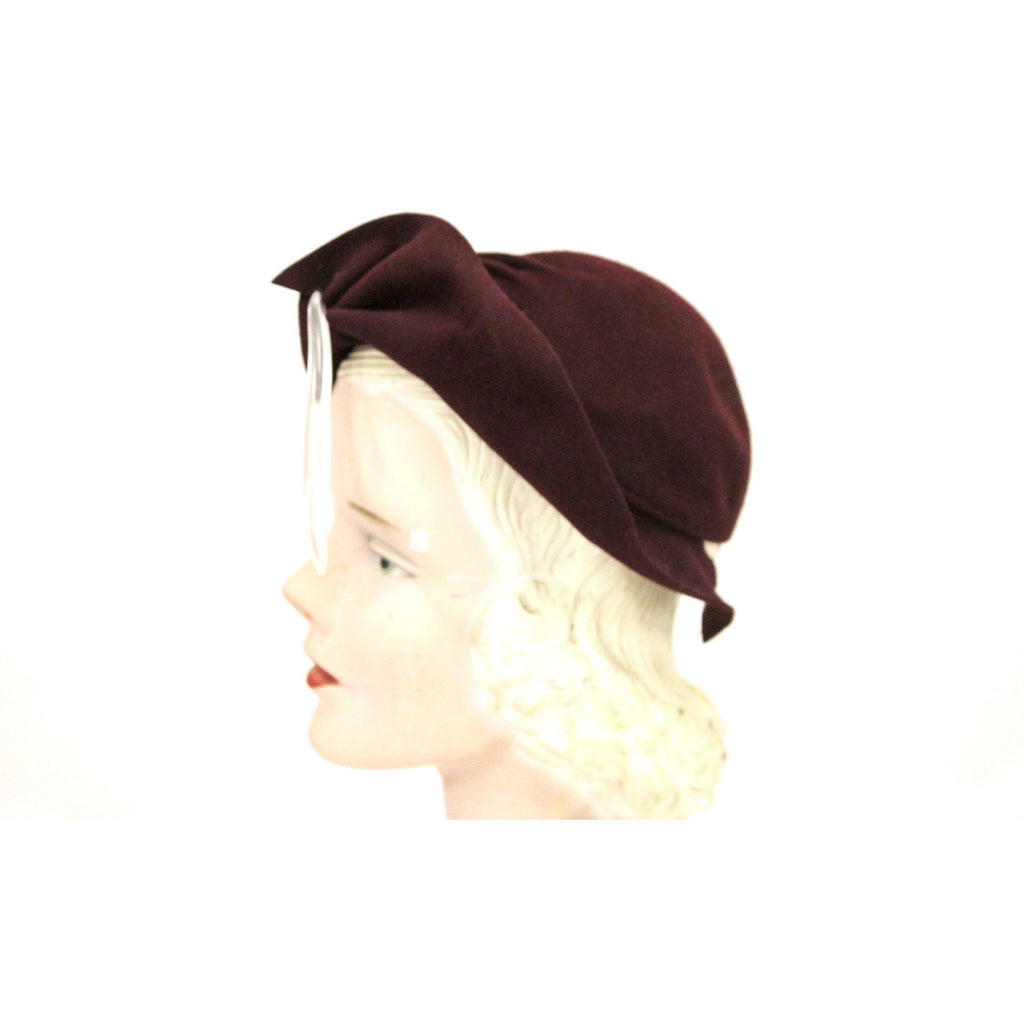 Vintage 1930s Semi-Cloche Hat Maroon Red Huge Clear Lucite Hatpin O/S The Best Vintage Clothing