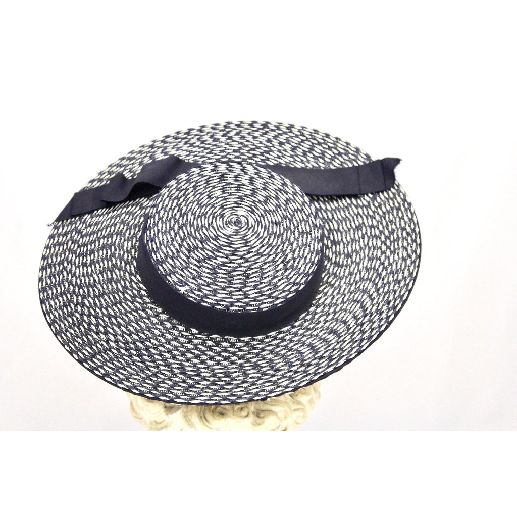 Vintage Wide Brim Straw Hat 1950s Navy & White Saucer Hat Mid Century O/S 14" Church The Best Vintage Clothing