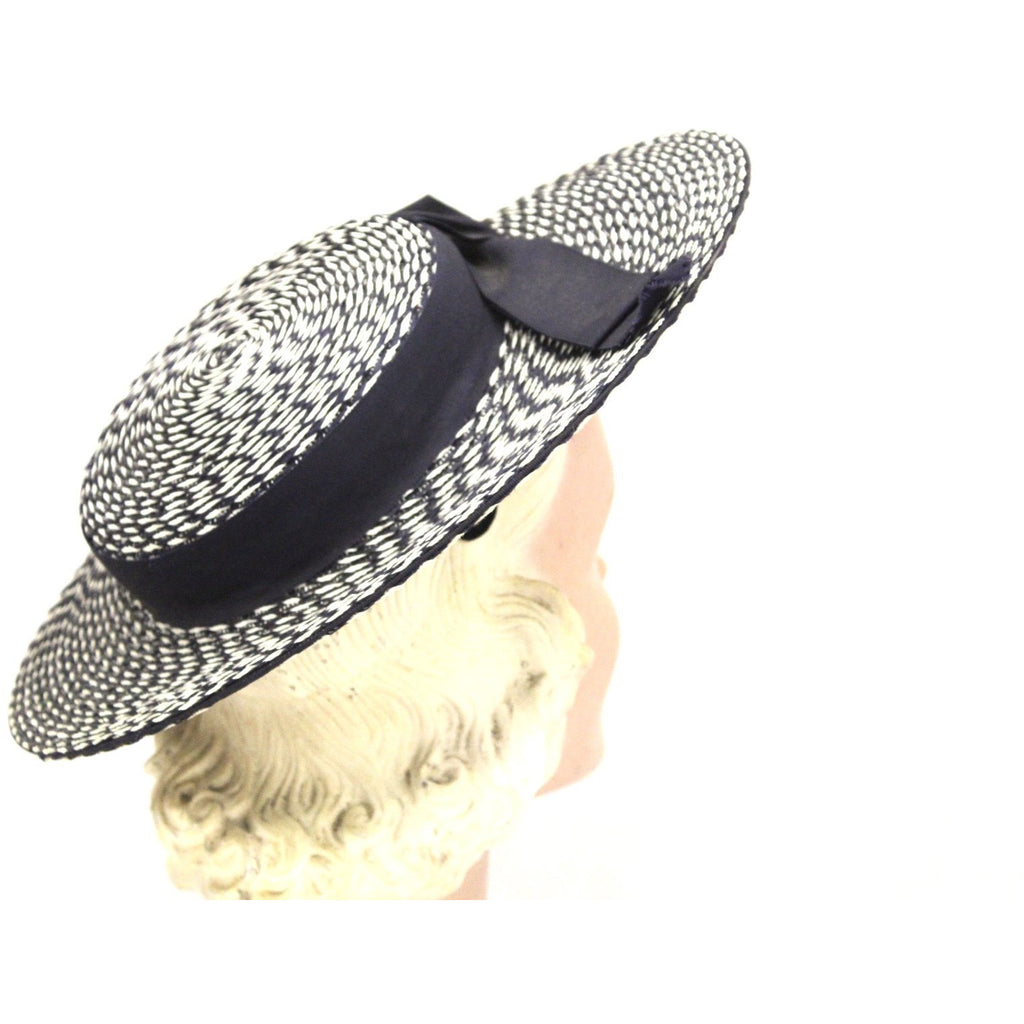 Vintage Wide Brim Straw Hat 1950s Navy & White Saucer Hat Mid Century O/S 14" Church The Best Vintage Clothing