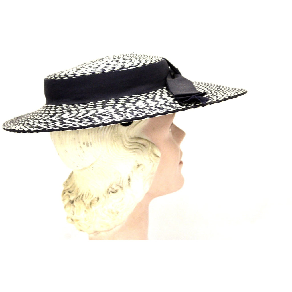 Vintage Wide Brim Straw Hat 1950s Navy & White Saucer Hat Mid Century O/S 14" Church The Best Vintage Clothing