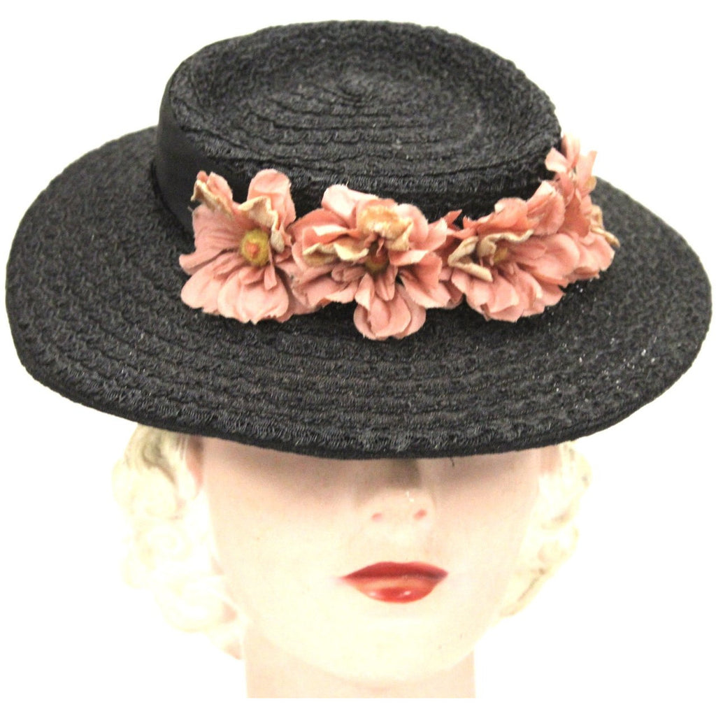 Vintage 1940s Womens Hat Sailor Brimmed Hat Black Horsehair Straw Pink Flowers The Best Vintage Clothing