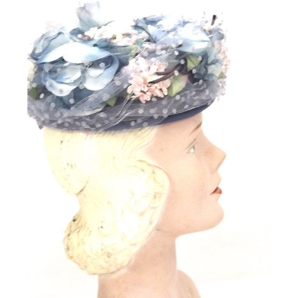 Vintage Womens hat 1940s Frank Palma Jr. Pillbox Blue Garden Party Flowers O/S The Best Vintage Clothing