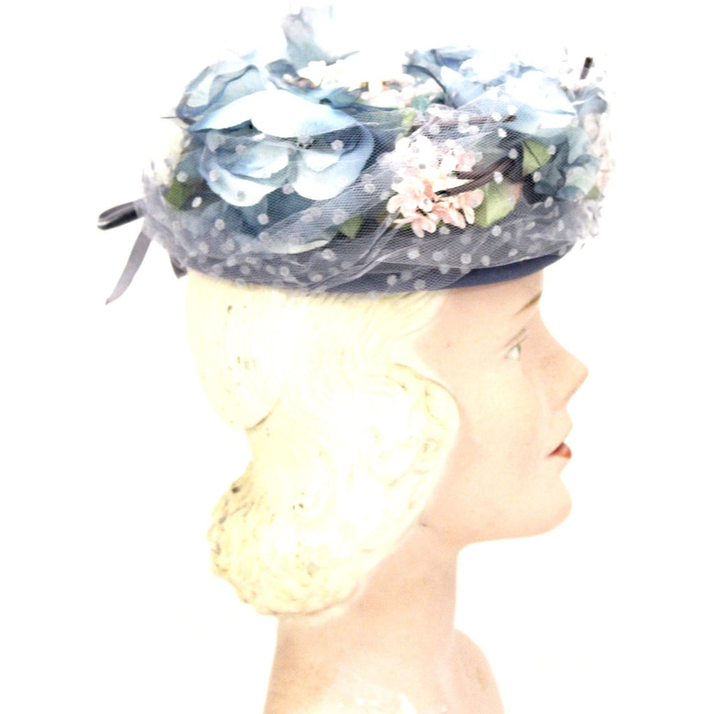 Vintage Womens hat 1940s Frank Palma Jr. Pillbox Blue Garden Party Flowers O/S The Best Vintage Clothing