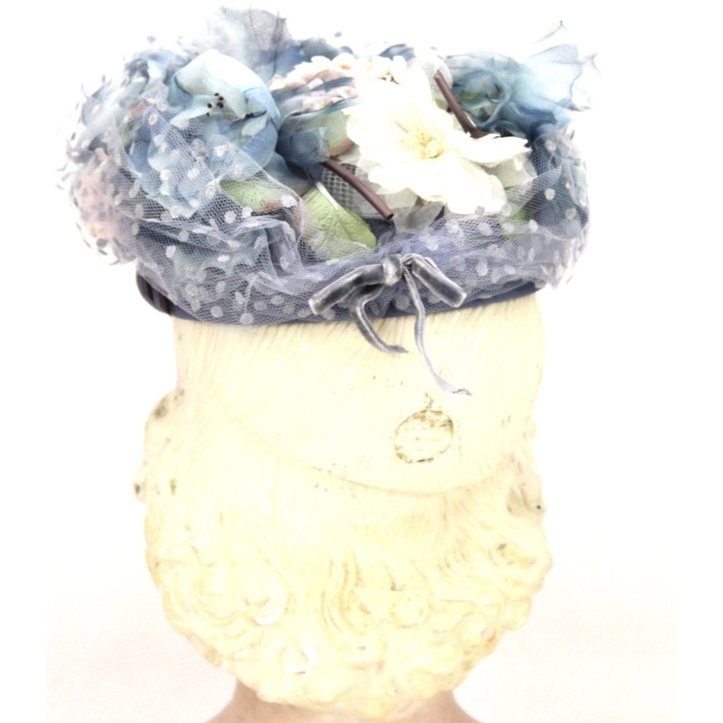 Vintage Womens hat 1940s Frank Palma Jr. Pillbox Blue Garden Party Flowers O/S The Best Vintage Clothing