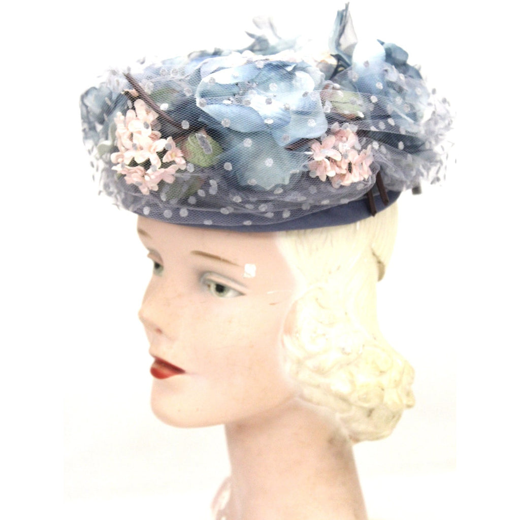 Vintage Womens hat 1940s Frank Palma Jr. Pillbox Blue Garden Party Flowers O/S The Best Vintage Clothing