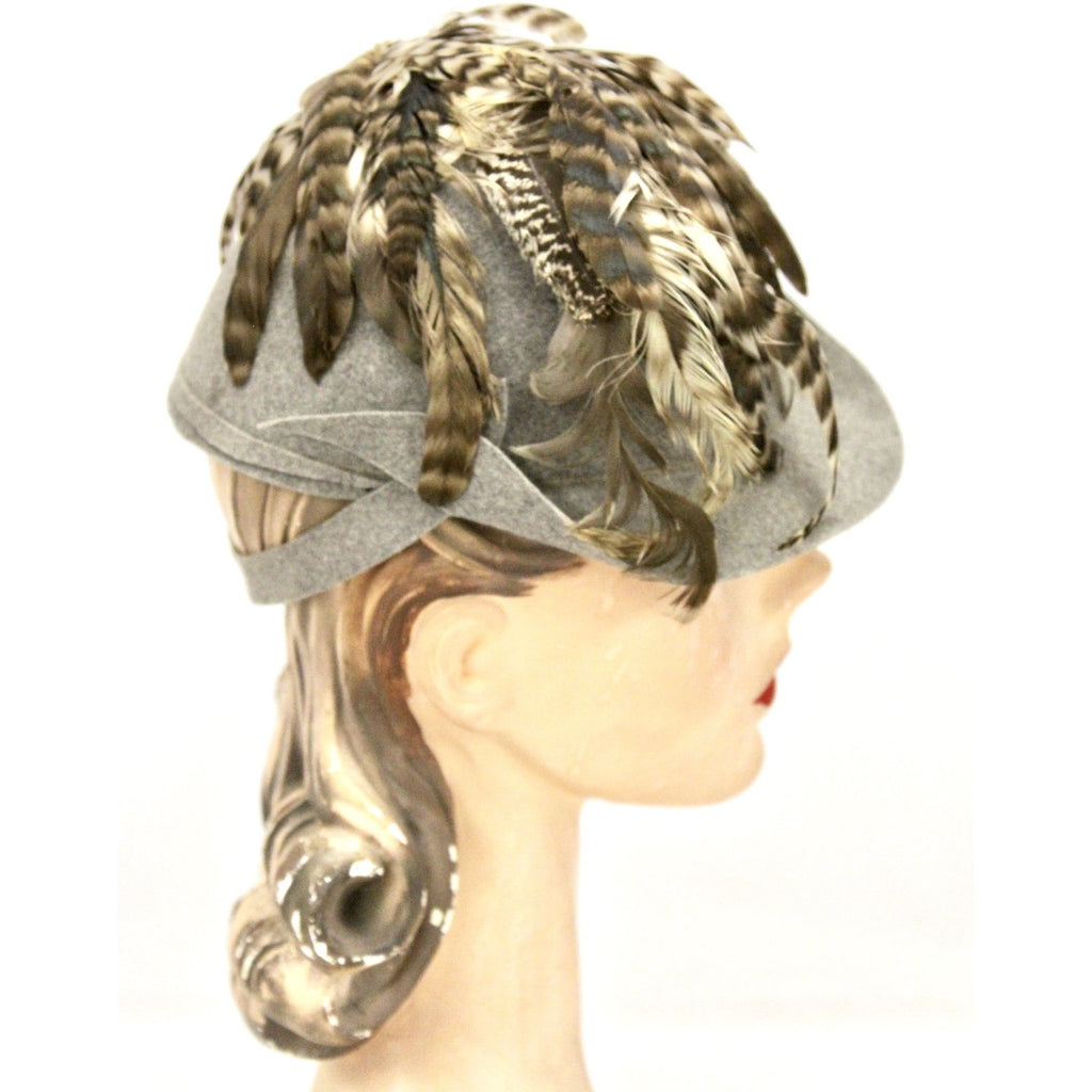 Vintage 1930s Knox Cloche Hat Bird Head Pheasant Feathers Gray Felt XS Sherlock The Best Vintage Clothing