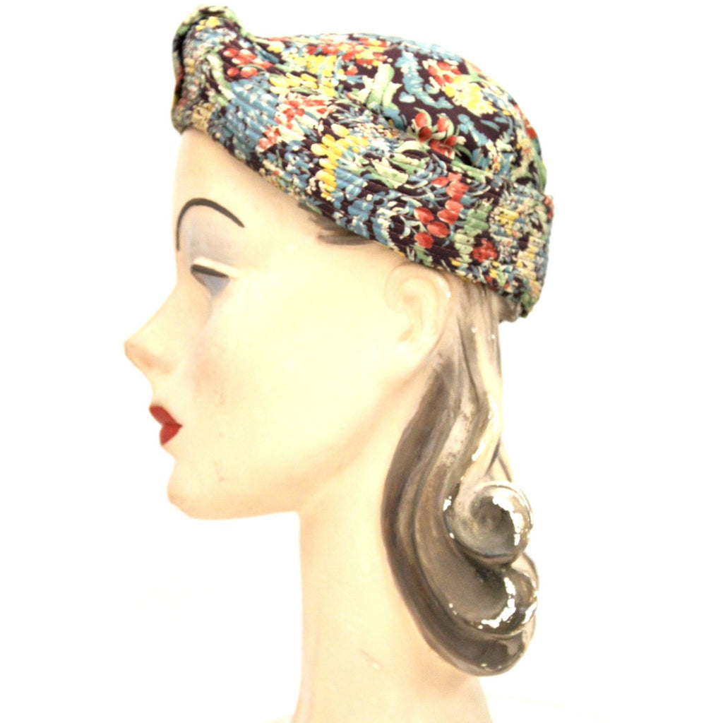 Vintage 1930s Womens Hat Turban Rayon Dress Print Small Hat 20 1/2" Head Size The Best Vintage Clothing