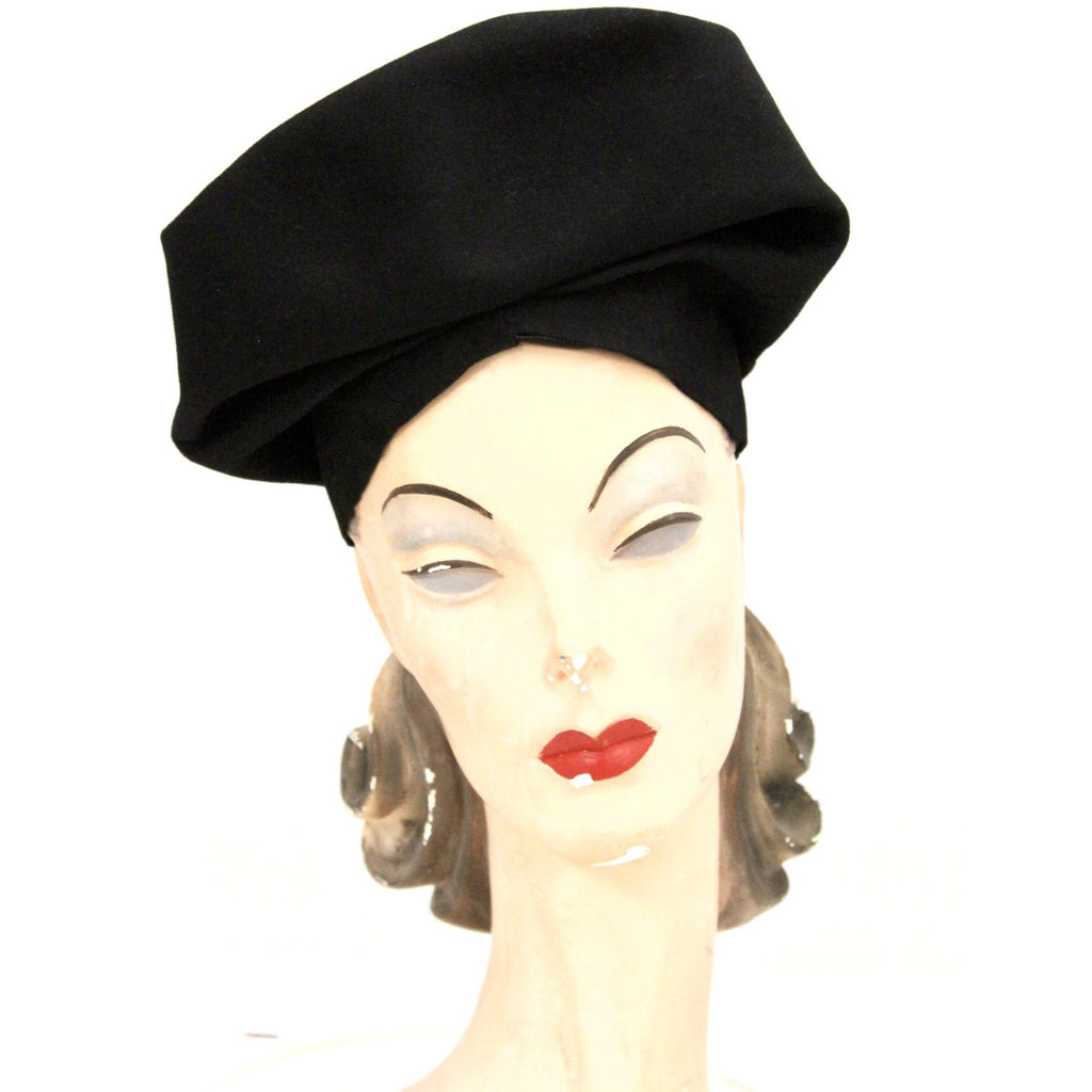 Vintage Tricorn Turban Dramatic 1940s Womens Hat Black Felt 20 3/4" head small The Best Vintage Clothing