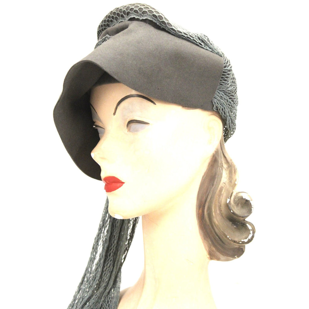 Vintage Womens Hat 1940s Woodmere Bonnet Cloche Long Net Detail Gray Turquoise 21" Head The Best Vintage Clothing