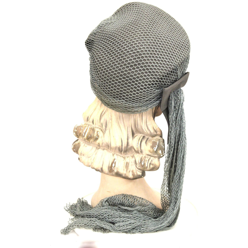 Vintage Womens Hat 1940s Woodmere Bonnet Cloche Long Net Detail Gray Turquoise 21" Head The Best Vintage Clothing