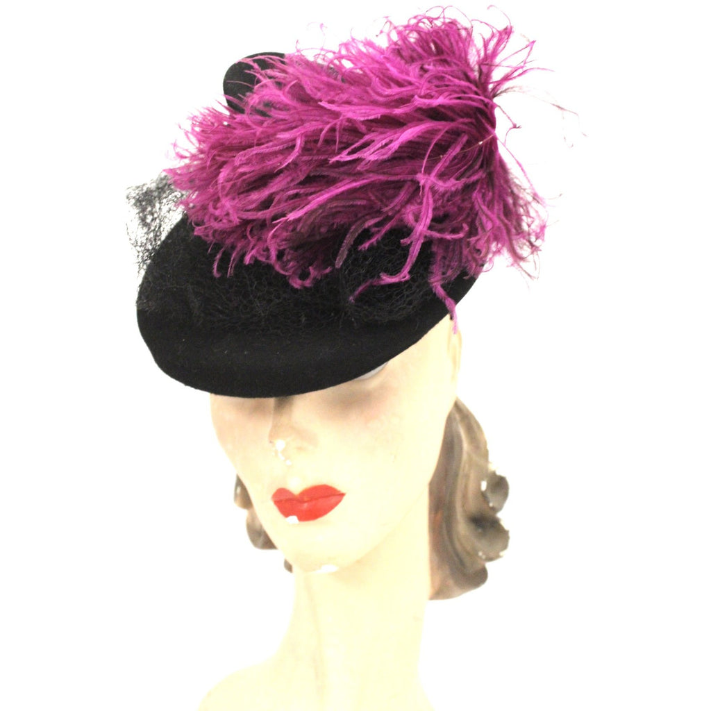 Vintage Womens 1930s Hat Fascinator Bonnet Hat Black Magenta Feather O/S Doll Hat New York Creation The Best Vintage Clothing