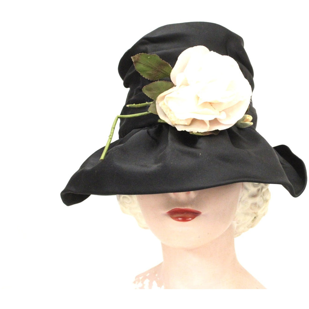 Vintage Bucket Hat Womens 1950s Saks Fifth Ave Millinery Black Satin Pink Rose Small Head The Best Vintage Clothing