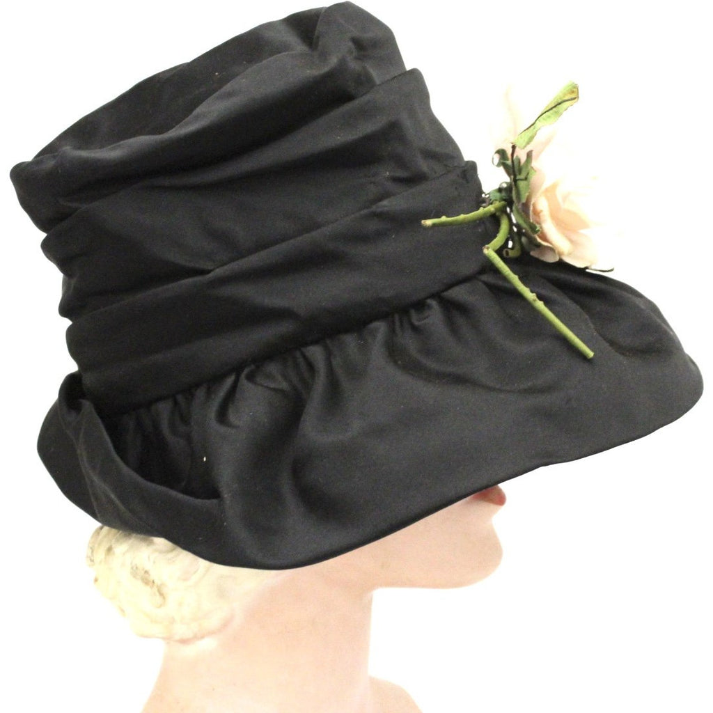Vintage Bucket Hat Womens 1950s Saks Fifth Ave Millinery Black Satin Pink Rose Small Head The Best Vintage Clothing