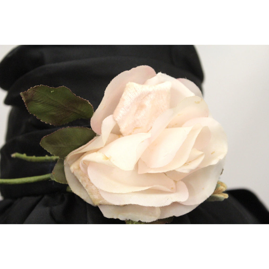 Vintage Bucket Hat Womens 1950s Saks Fifth Ave Millinery Black Satin Pink Rose Small Head The Best Vintage Clothing