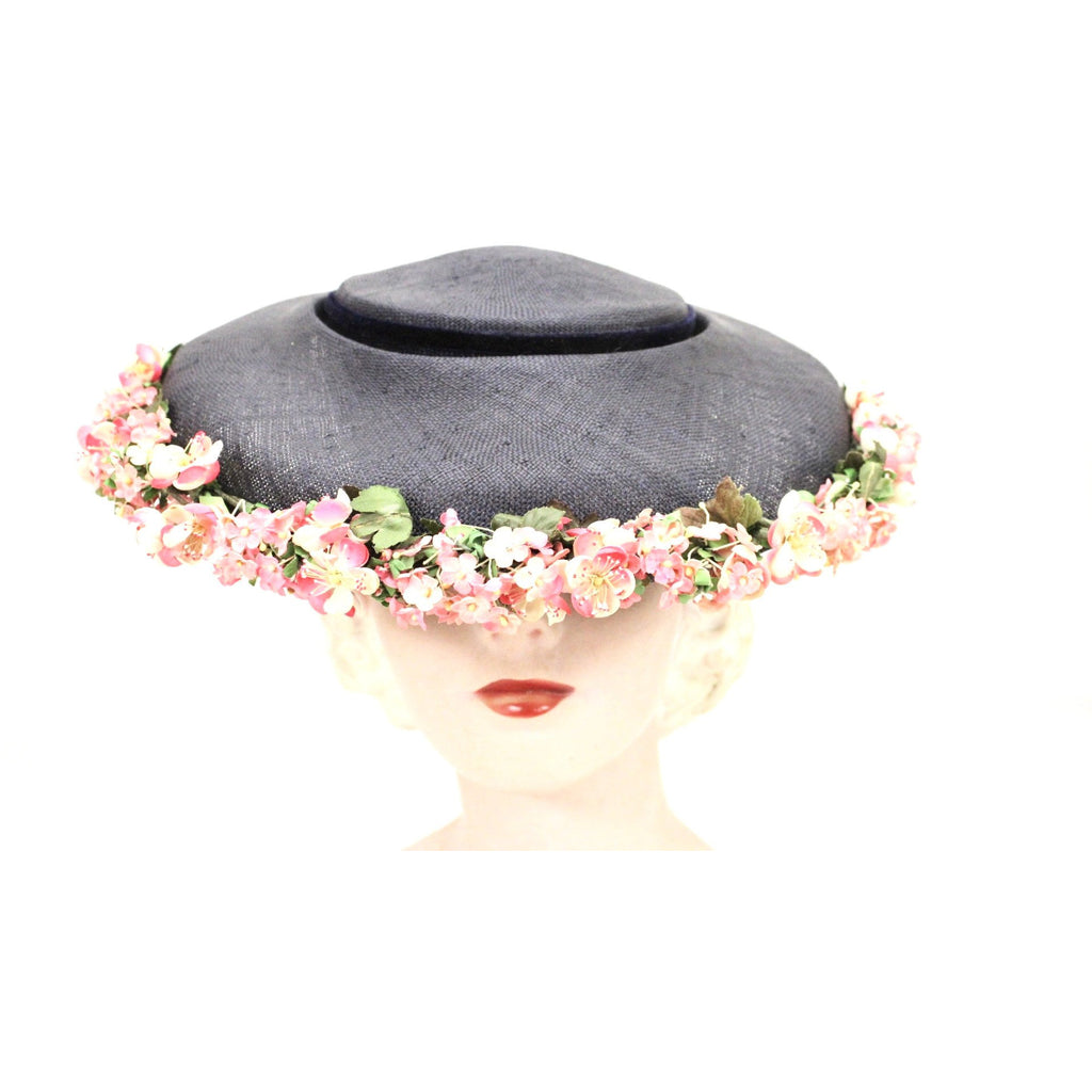 Vintage Navy Blue Straw Saucer Hat Wide Brim Flowers 1950s Church Womens Marvelous Maisel The Best Vintage Clothing