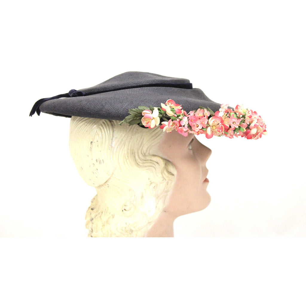 Vintage Navy Blue Straw Saucer Hat Wide Brim Flowers 1950s Church Womens Marvelous Maisel The Best Vintage Clothing