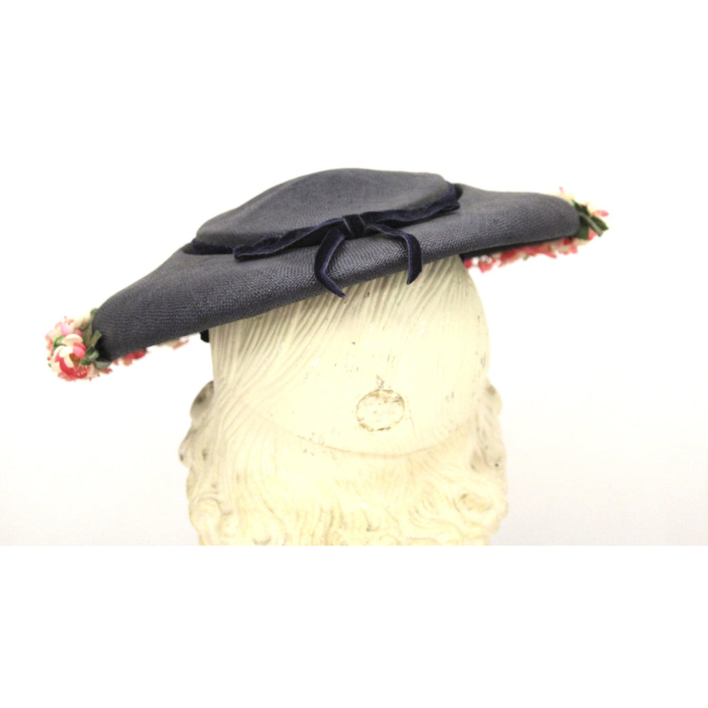 Vintage Navy Blue Straw Saucer Hat Wide Brim Flowers 1950s Church Womens Marvelous Maisel The Best Vintage Clothing