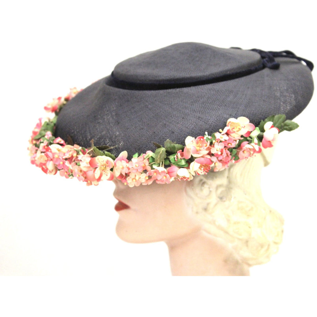 Vintage Navy Blue Straw Saucer Hat Wide Brim Flowers 1950s Church Womens Marvelous Maisel The Best Vintage Clothing
