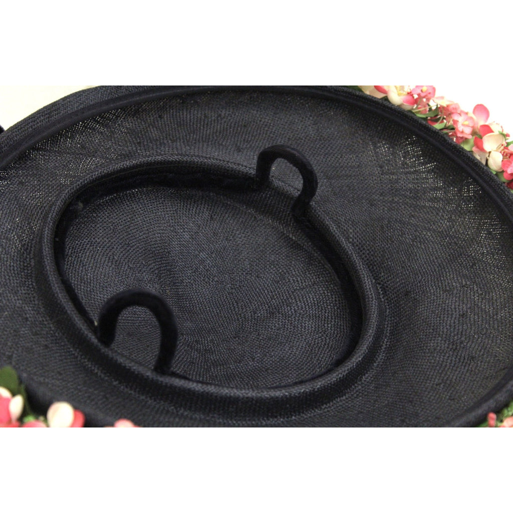 Vintage Navy Blue Straw Saucer Hat Wide Brim Flowers 1950s Church Womens Marvelous Maisel The Best Vintage Clothing