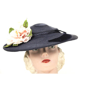 Vintage Wide Brim Dark Navy Blue Straw Hat 1940s Church Saucer Hat Pink Dahlia O/S The Best Vintage Clothing