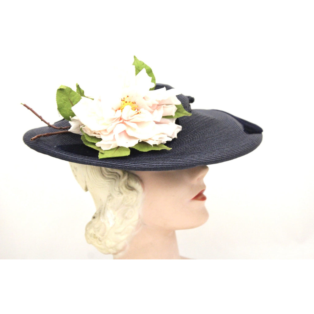 Vintage Wide Brim Dark Navy Blue Straw Hat 1940s Church Saucer Hat Pink Dahlia O/S The Best Vintage Clothing
