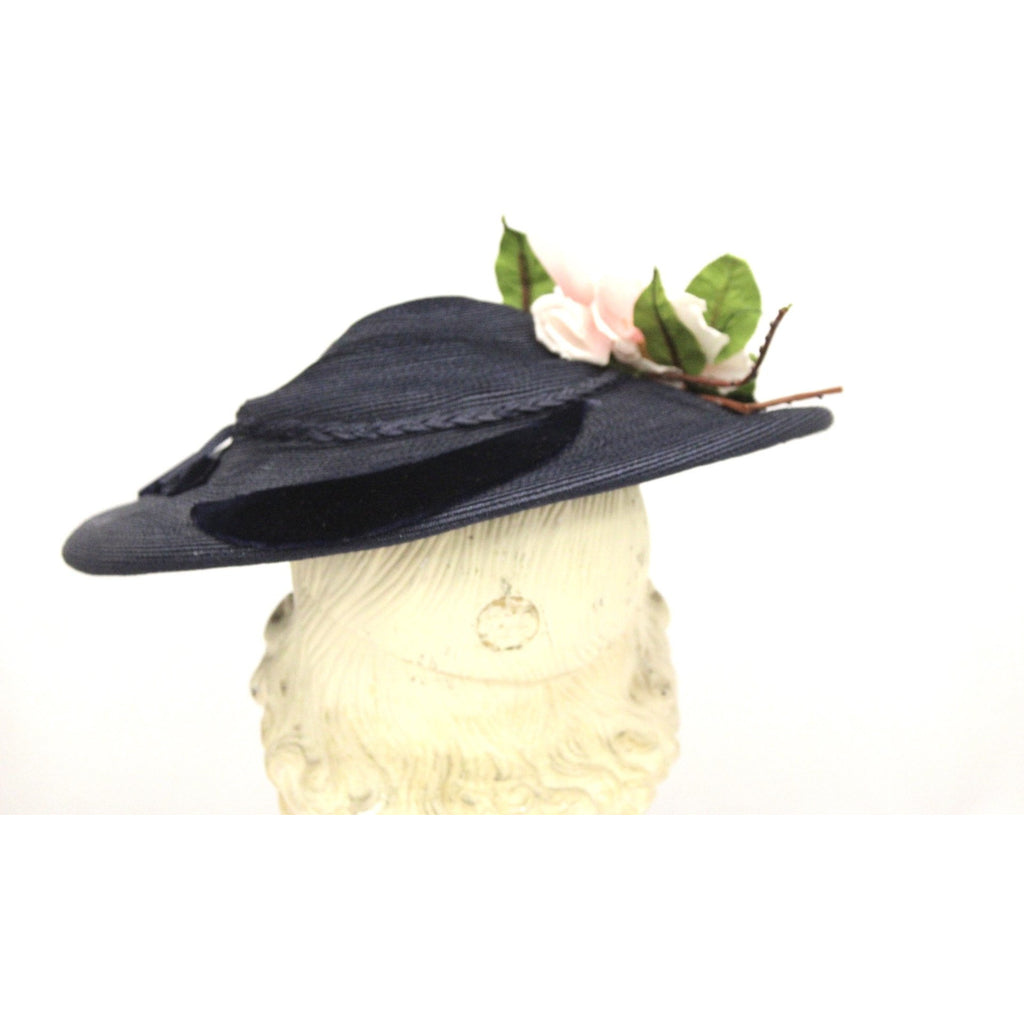 Vintage Wide Brim Dark Navy Blue Straw Hat 1940s Church Saucer Hat Pink Dahlia O/S The Best Vintage Clothing