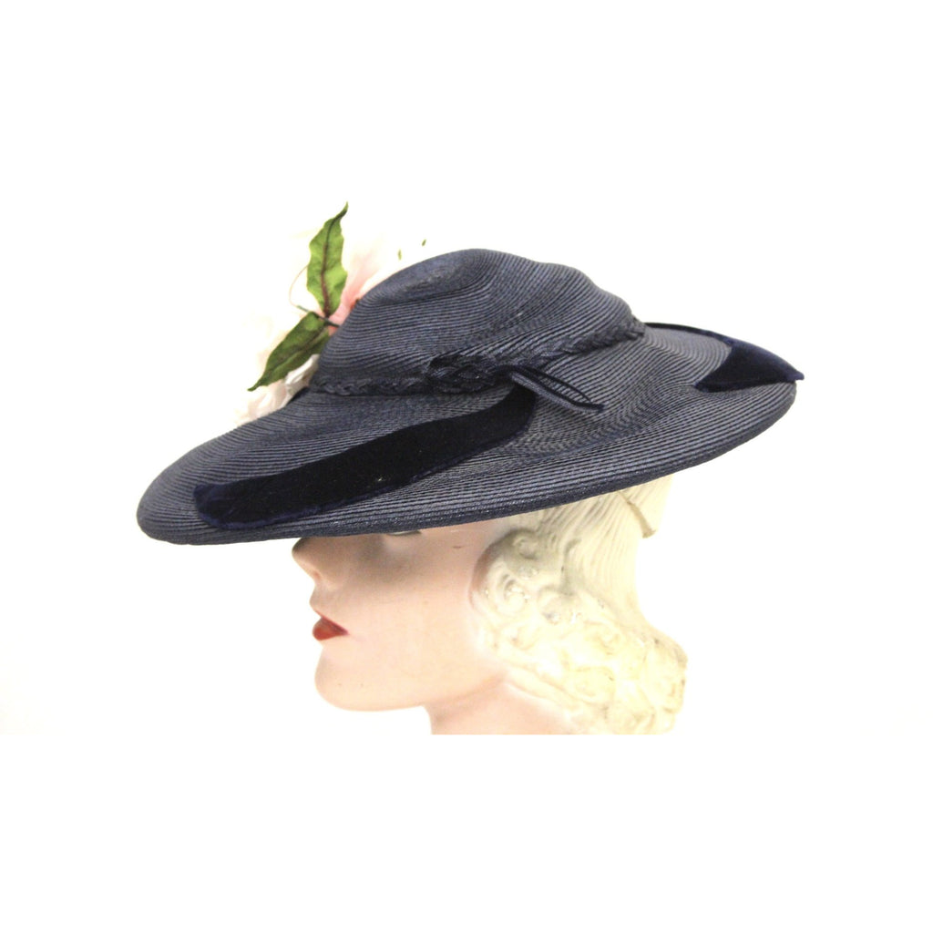 Vintage Wide Brim Dark Navy Blue Straw Hat 1940s Church Saucer Hat Pink Dahlia O/S The Best Vintage Clothing