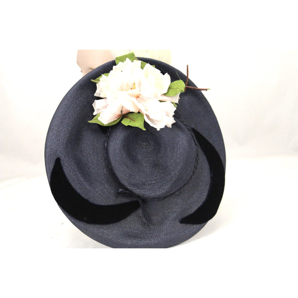Vintage Wide Brim Dark Navy Blue Straw Hat 1940s Church Saucer Hat Pink Dahlia O/S The Best Vintage Clothing