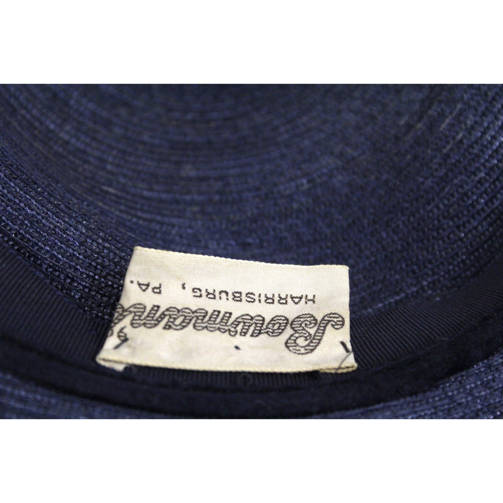 Vintage Wide Brim Dark Navy Blue Straw Hat 1940s Church Saucer Hat Pink Dahlia O/S The Best Vintage Clothing