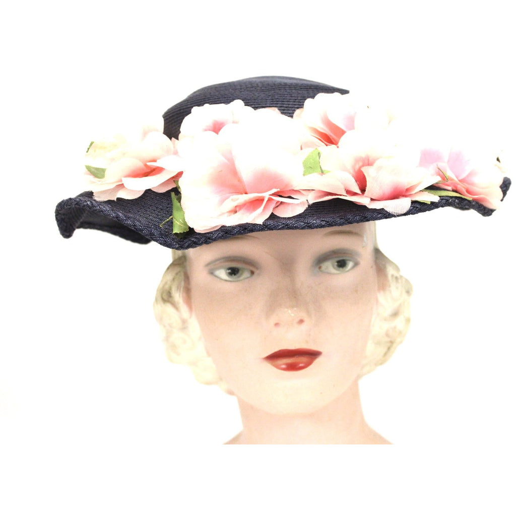 Lovely Vintage 1940s Womens Wide Brimmed Church Hat Lots of Pink Flowers Navy Blue Straw The Best Vintage Clothing