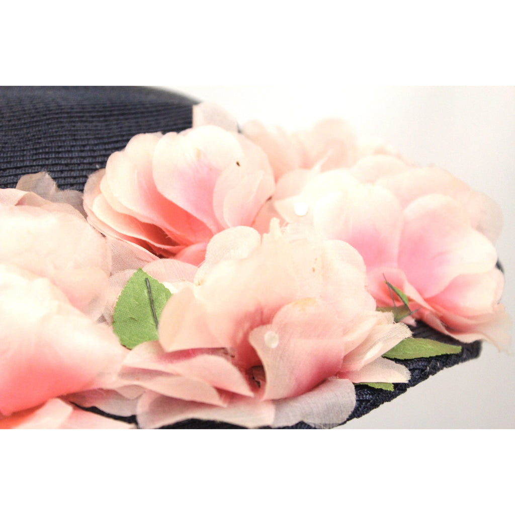 Lovely Vintage 1940s Womens Wide Brimmed Church Hat Lots of Pink Flowers Navy Blue Straw The Best Vintage Clothing