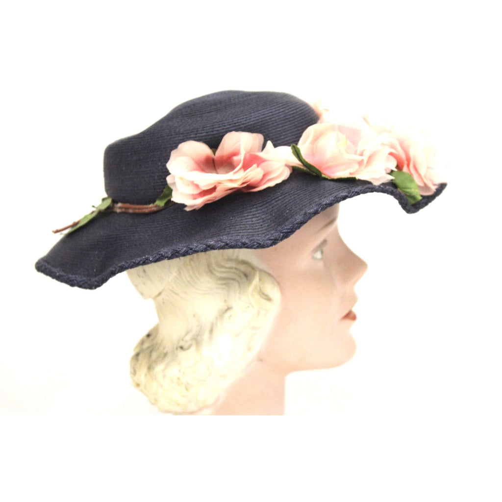 Lovely Vintage 1940s Womens Wide Brimmed Church Hat Lots of Pink Flowers Navy Blue Straw The Best Vintage Clothing