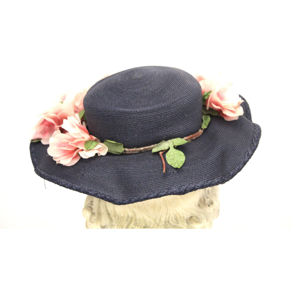 Lovely Vintage 1940s Womens Wide Brimmed Church Hat Lots of Pink Flowers Navy Blue Straw The Best Vintage Clothing
