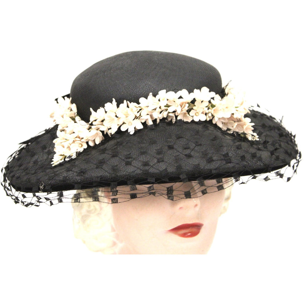 Vintage Wide Brim Black Straw Hat 1950s Church Saucer Hat Pink Flowers Veil Maisel The Best Vintage Clothing
