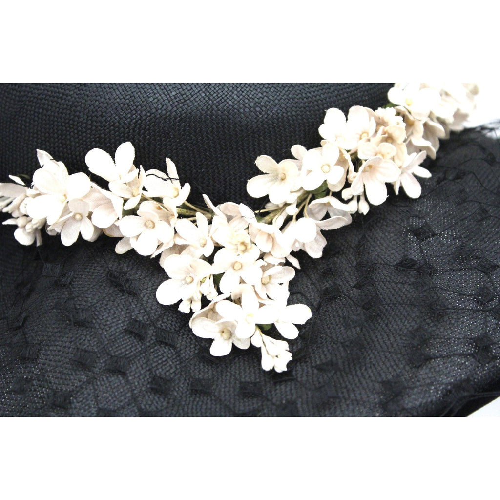 Vintage Wide Brim Black Straw Hat 1950s Church Saucer Hat Pink Flowers Veil Maisel The Best Vintage Clothing