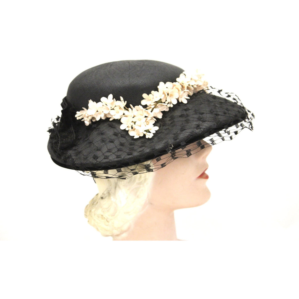 Vintage Wide Brim Black Straw Hat 1950s Church Saucer Hat Pink Flowers Veil Maisel The Best Vintage Clothing