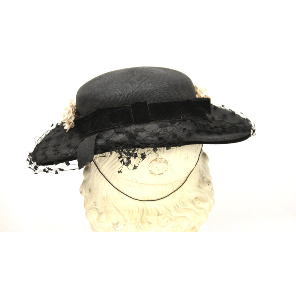 Vintage Wide Brim Black Straw Hat 1950s Church Saucer Hat Pink Flowers Veil Maisel The Best Vintage Clothing