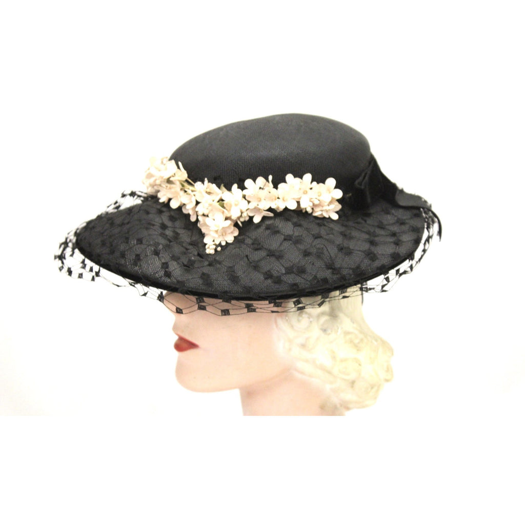 Vintage Wide Brim Black Straw Hat 1950s Church Saucer Hat Pink Flowers Veil Maisel The Best Vintage Clothing