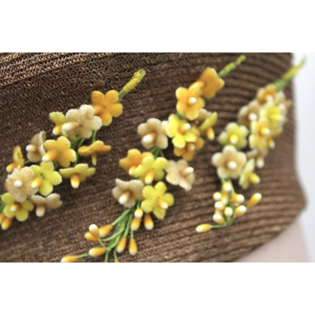 Vintage Womens Hat 1930s Tall Copper Straw Military Style 23" Yellow Flowers The Best Vintage Clothing
