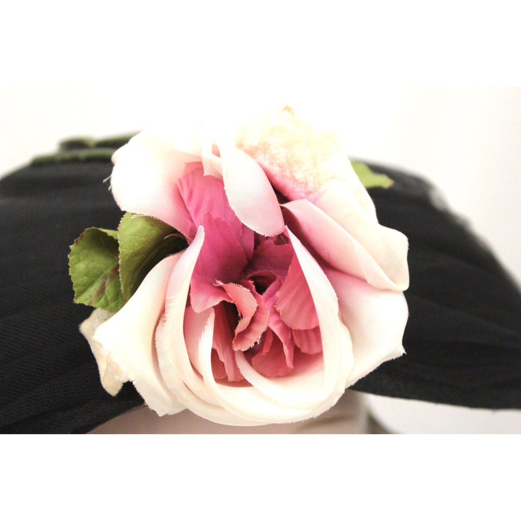 Vintage Womens Hat Modified Saucer Church Black w Rose 1950s O/S Mid-Century Wide Brim The Best Vintage Clothing