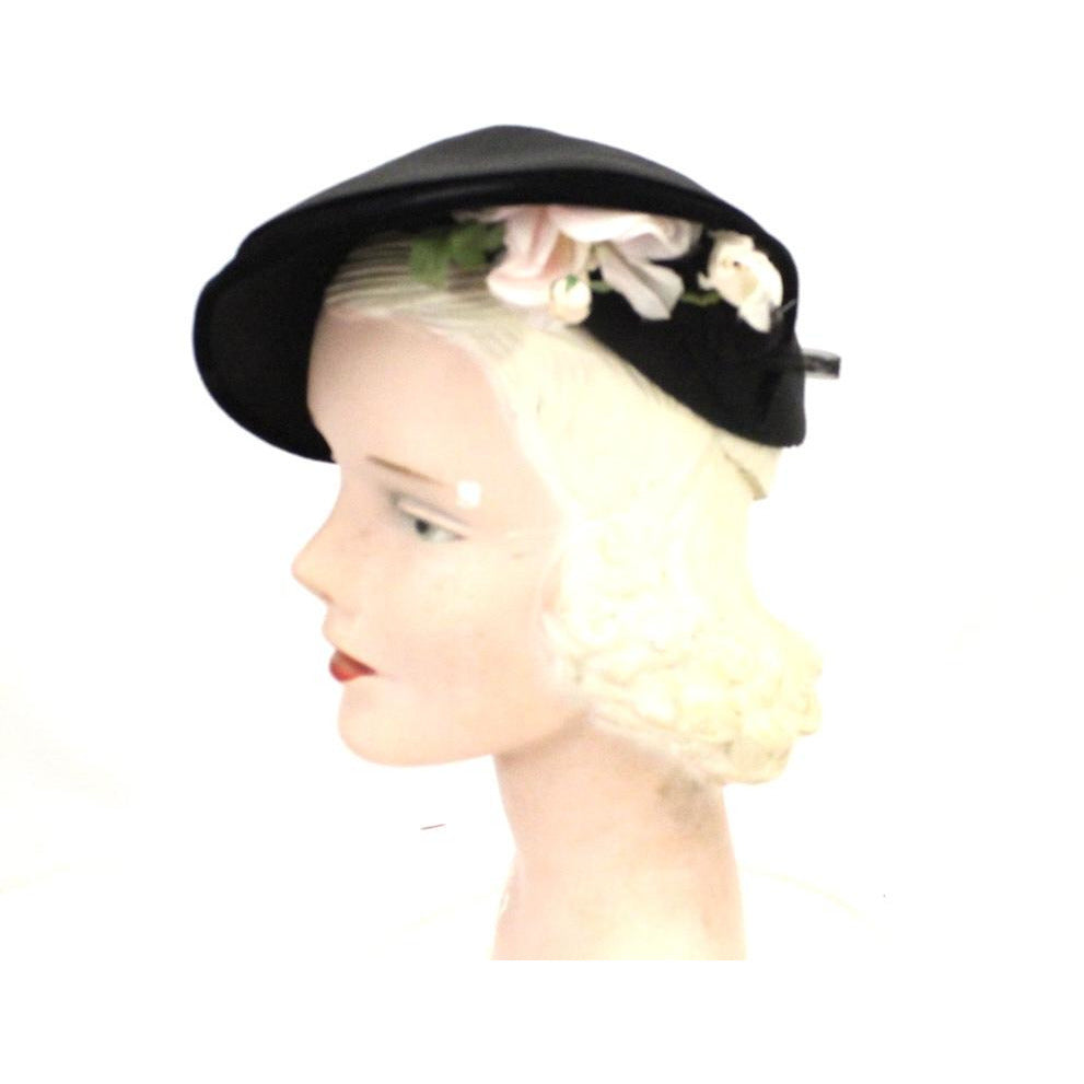 Vintage 1940s Womens Hat Black Straw Pink Rose Side Swept Asymmetrical WW2 The Best Vintage Clothing