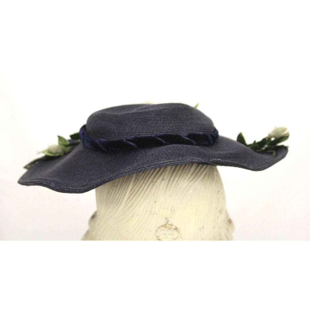 Vintage 1950s Womens Saucer Hat Wide Brim Church Dark Navy Straw Flowers O/S The Best Vintage Clothing
