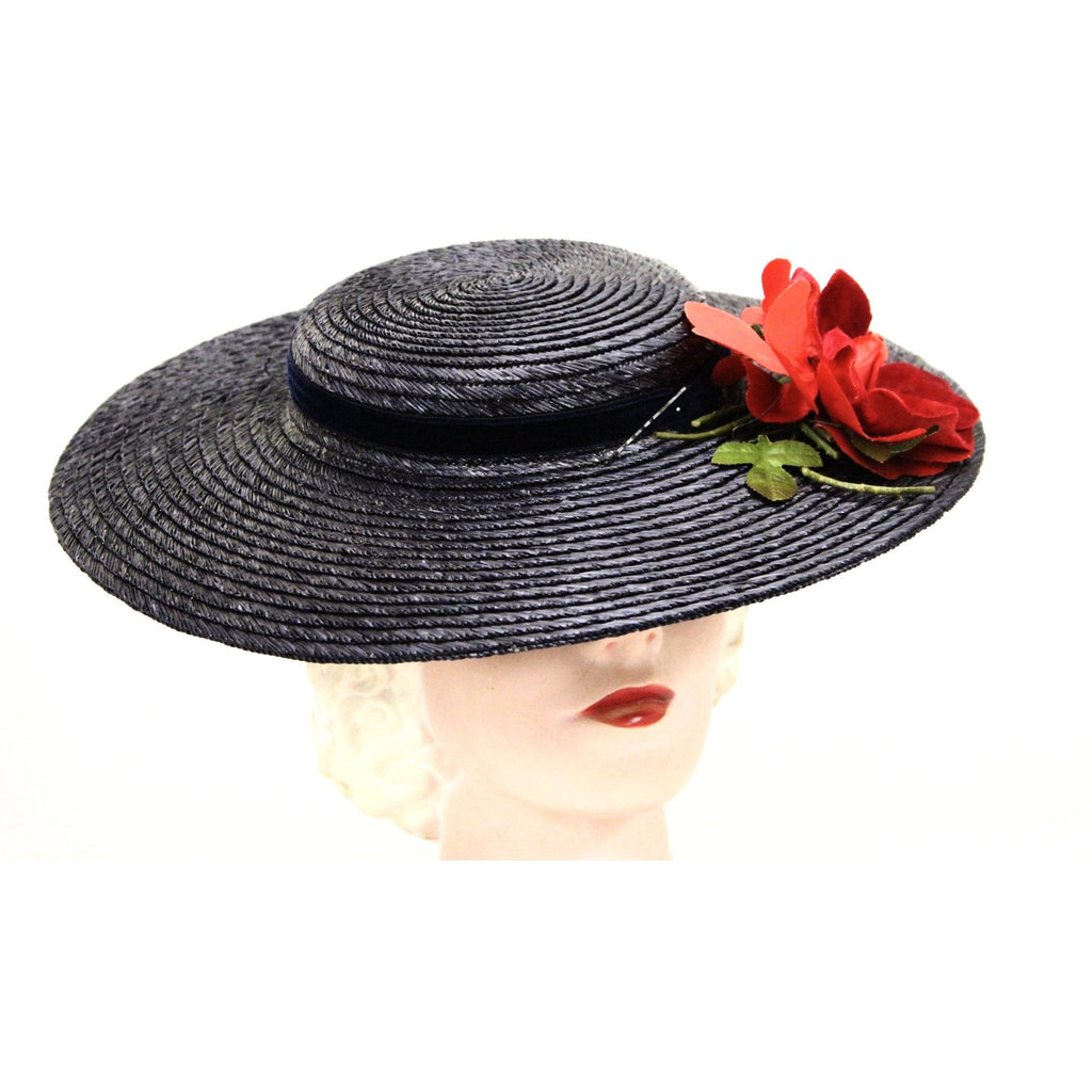 Vintage Wide Brim Dark Navy Blue Straw Hat 1940s Church Saucer Hat Red Rose O/S The Best Vintage Clothing