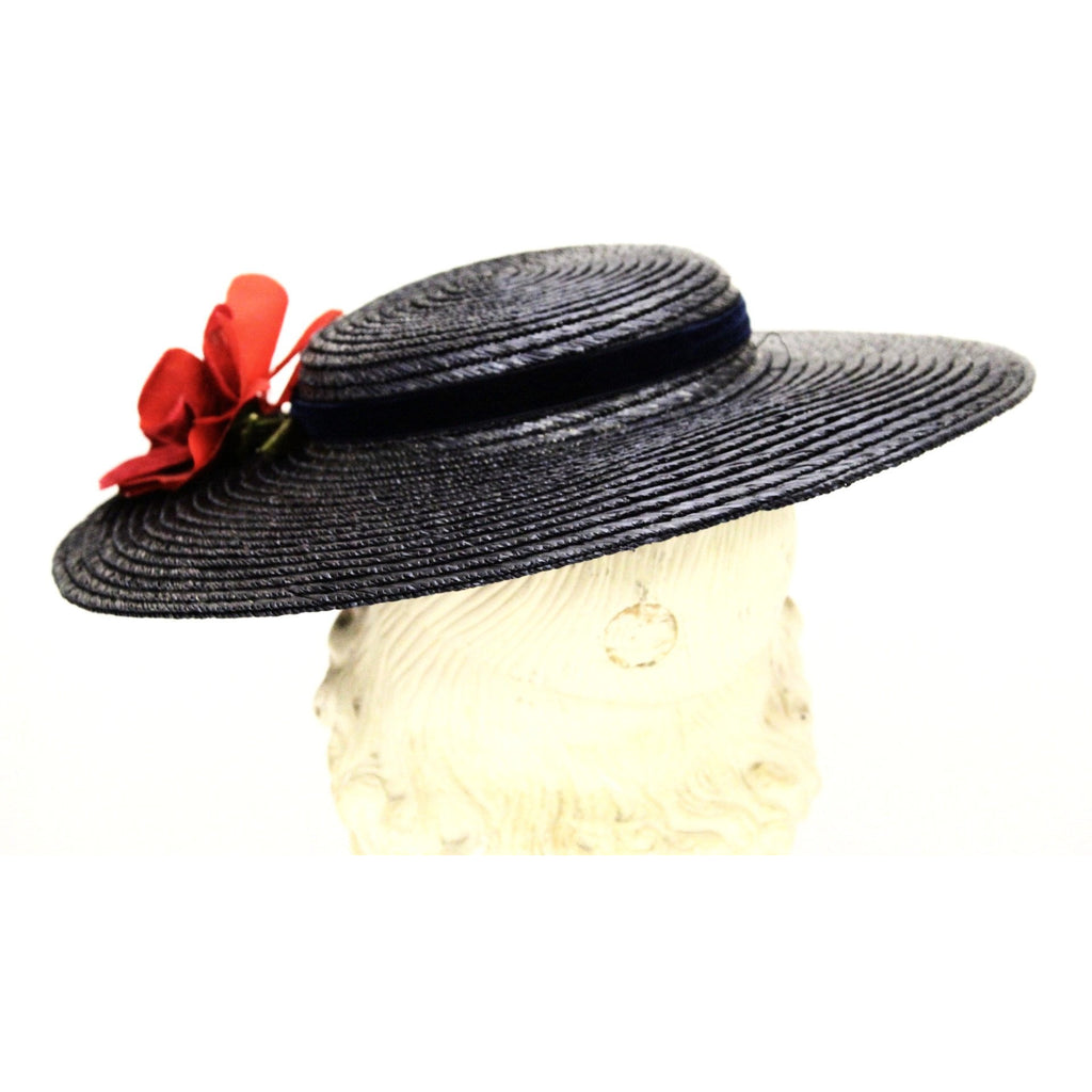 Vintage Wide Brim Dark Navy Blue Straw Hat 1940s Church Saucer Hat Red Rose O/S The Best Vintage Clothing