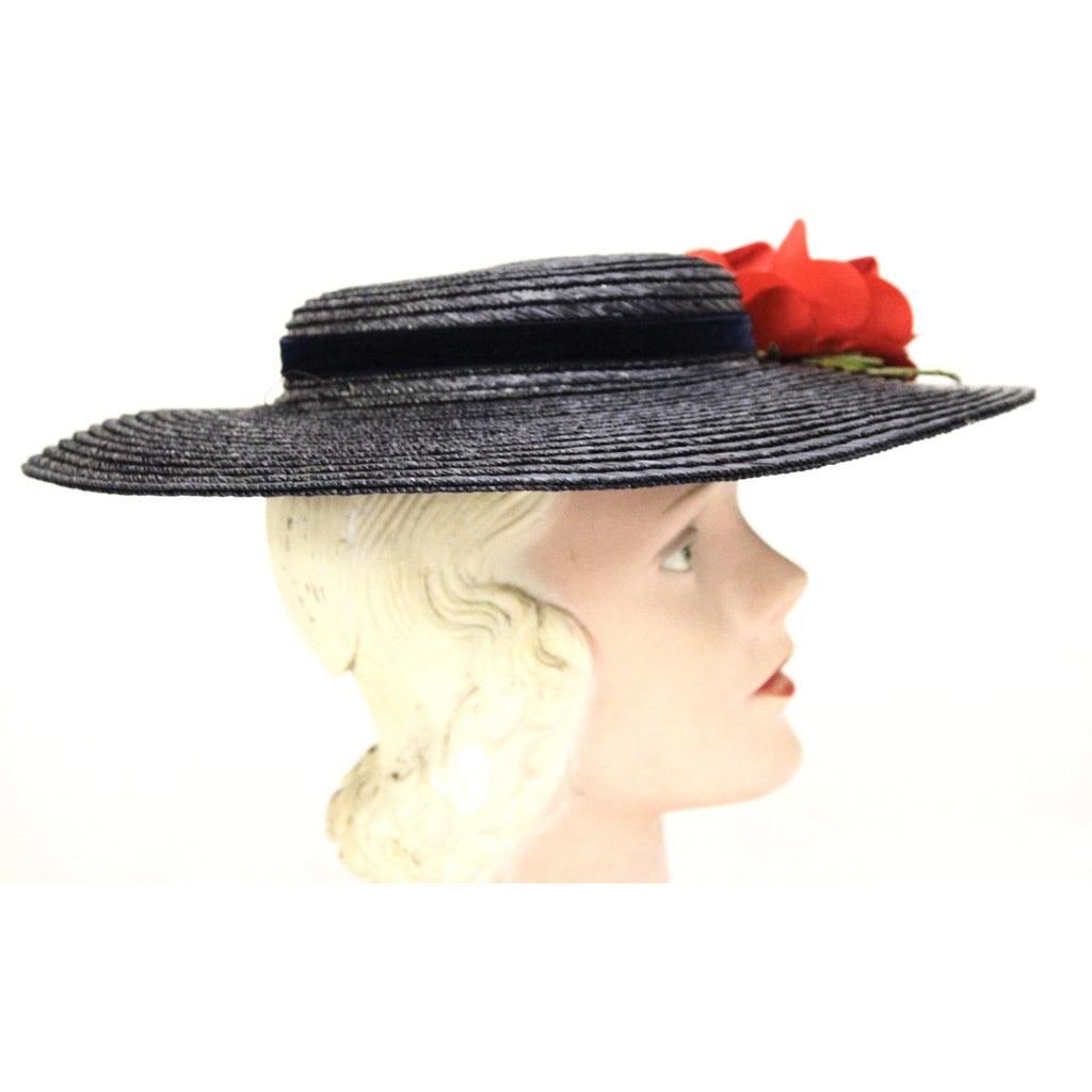 Vintage Wide Brim Dark Navy Blue Straw Hat 1940s Church Saucer Hat Red Rose O/S The Best Vintage Clothing