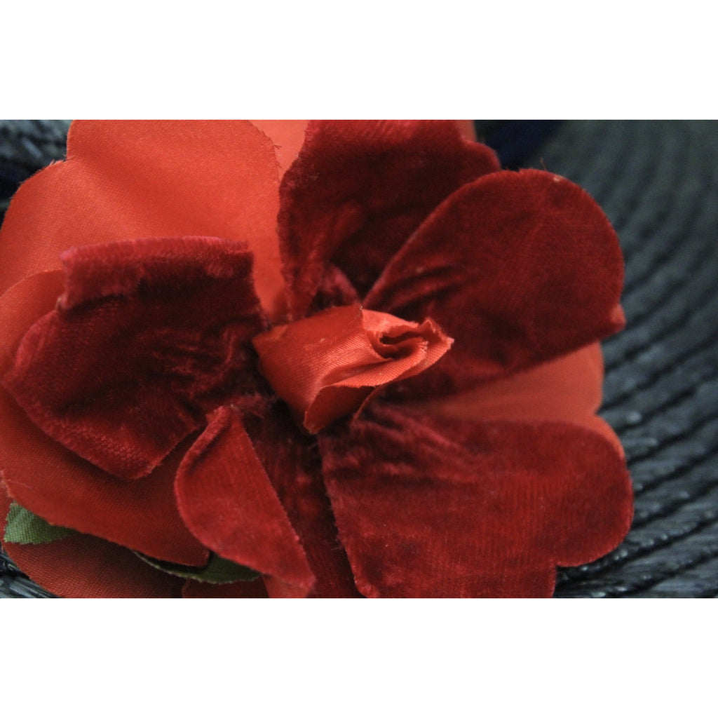 Vintage Wide Brim Dark Navy Blue Straw Hat 1940s Church Saucer Hat Red Rose O/S The Best Vintage Clothing