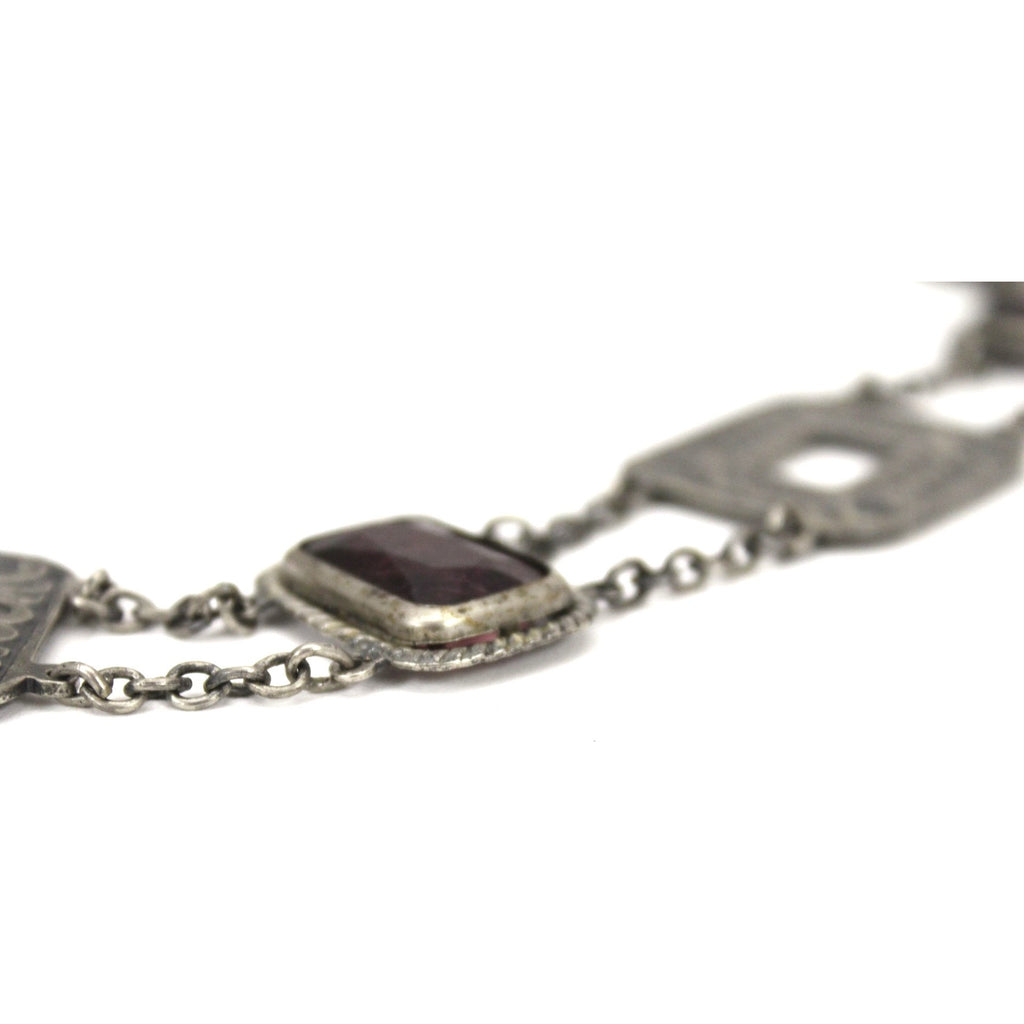 Antique Victorian Chain Segment Belt Huge Amethyst Purple Glass Stones Cubist 34" Square Dark Silver Necklace The Best Vintage Clothing