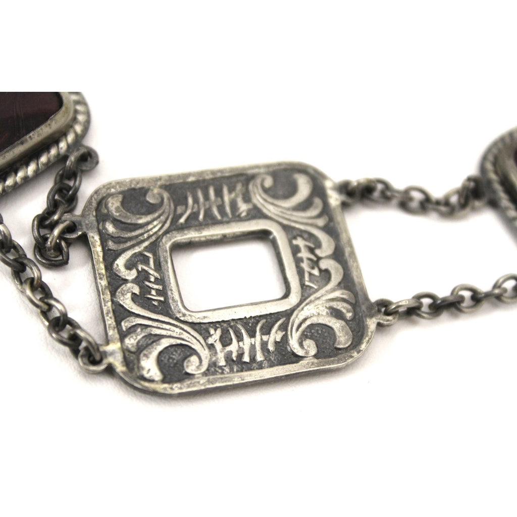 Antique Victorian Chain Segment Belt Huge Amethyst Purple Glass Stones Cubist 34" Square Dark Silver Necklace The Best Vintage Clothing